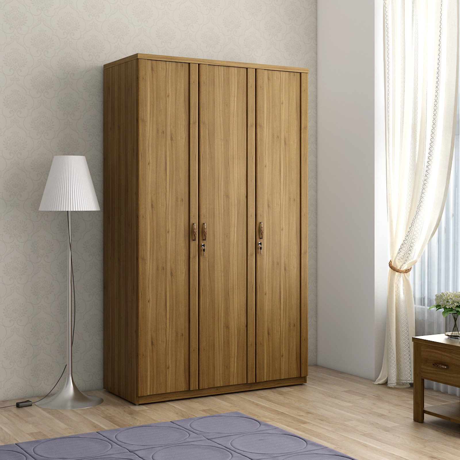 warpくん★送料無料★木製3段引き出し③ Harmony 3 Door Wardrobe Without Mirror - Natural Teak